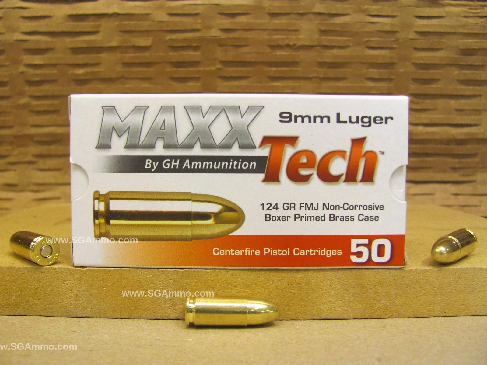 50 Round Box - 9mm Luger 124 Grain FMJ Brass Case Maxxtech Ammo - PTGB912B